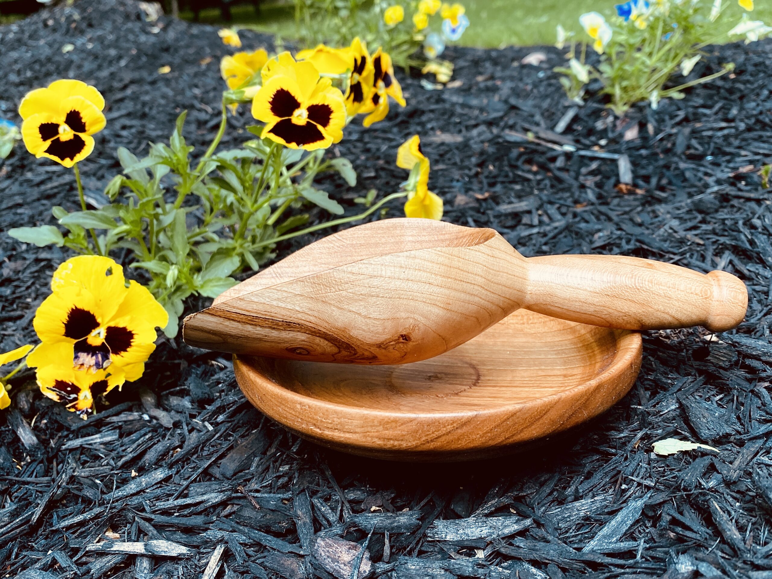 small wooden platter and handmade wooden scoop